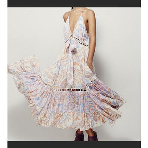 Free People Pages Of Gold Maxi Midi Dress Sz M Womens Floral Tiered Crochet